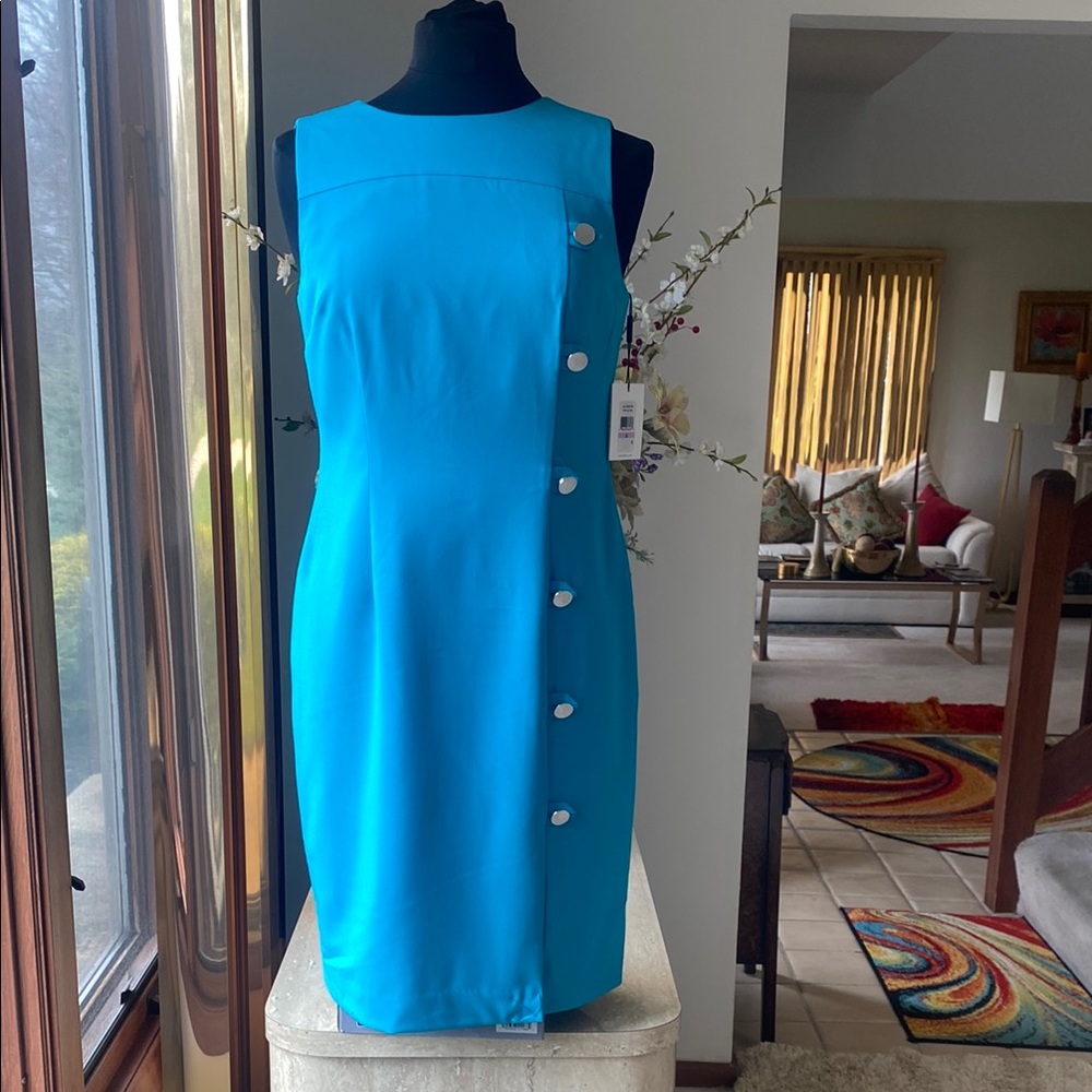 NWT Calvin Klein Elegant Teal Blue Sleeveless Dress, measurements in photos.